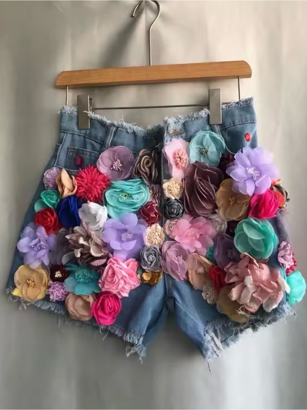 Embellished Light Wash Denim Shorts with Multicolor Floral Appliqués